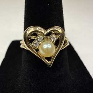 Gold Tone Heart Ring with Faux Pearl & Rhinestones Fashion Jewelry Size 6.5